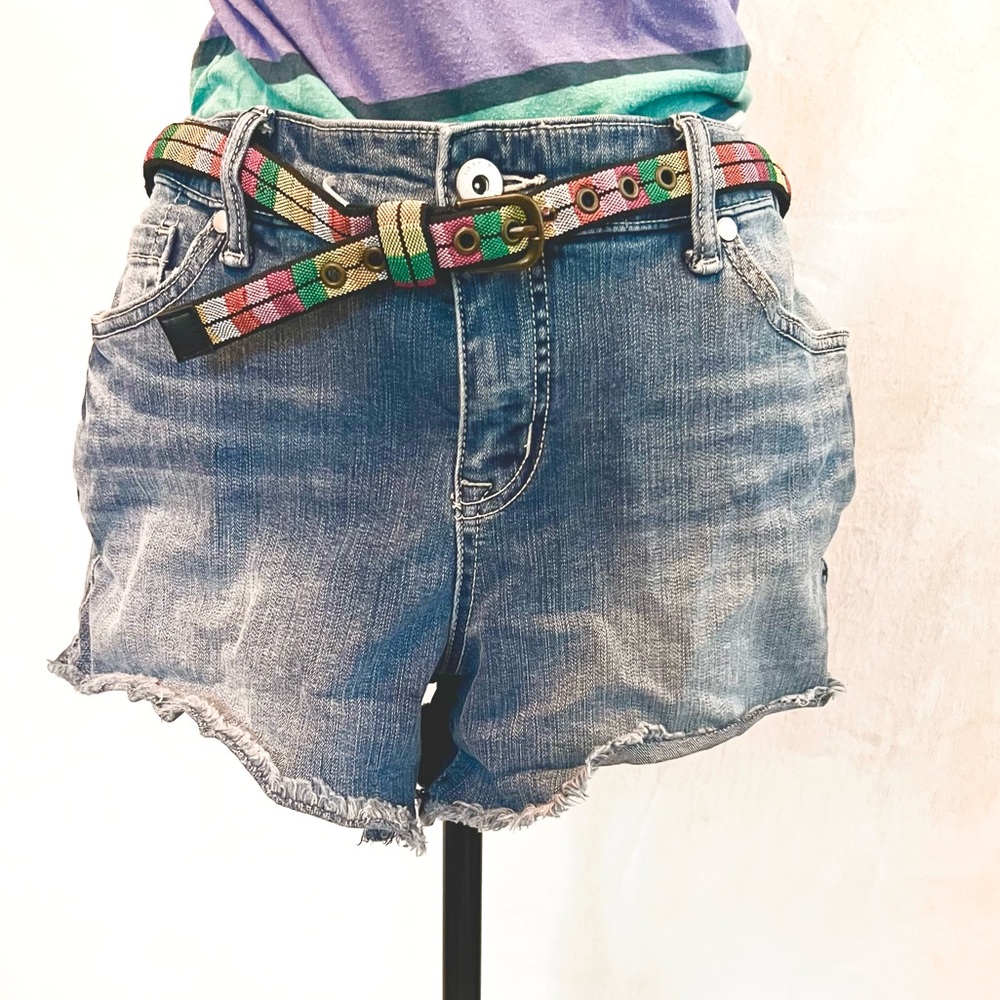 Denim Cutoff Shorts with  Colorful Striped Belt